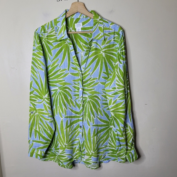 Sigrid Olsen Linen Tunic Shirt XL Palm Tropical Print Resort Coastal Artsy - Picture 2 of 6